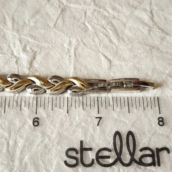 Tennis Link Bracelet Silver Gold Two Tone Hearts Mid Century Modernist 7" Gift - Picture 7 of 9
